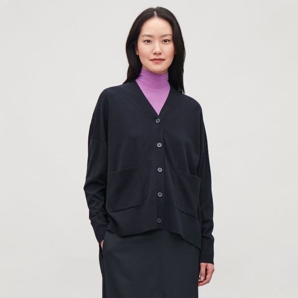 COS Women's Oversized Cotton Knit Draped Back Cardigan Black EU Large
